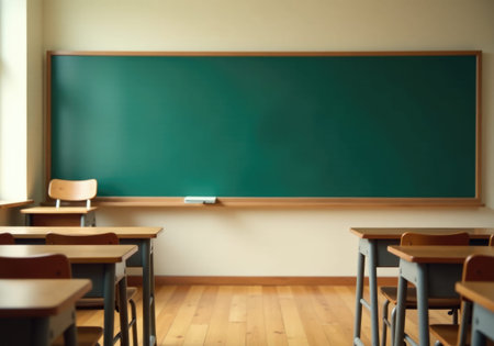 Empty classroom with a large green chalkboard and wooden desks and chairs is waiting for students to...