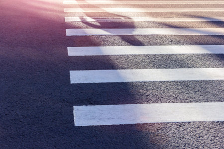 pedestrian crossing shadows of people on a Zebra safety crosswalkの写真素材