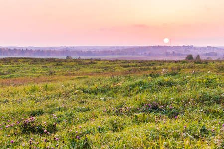 sunset hilly landscape field agriculture nature farmland country view springtimeの写真素材