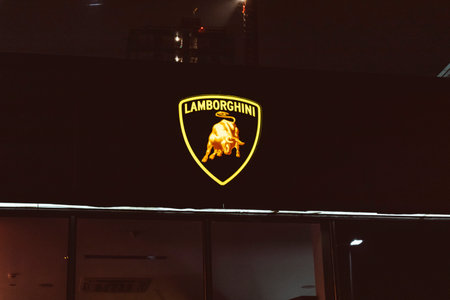 Saint-Petersburg,Pulkovo,Russia-18.11.2020 lamborghini logo dealer showroom salon garage luxury sport carのeditorial素材