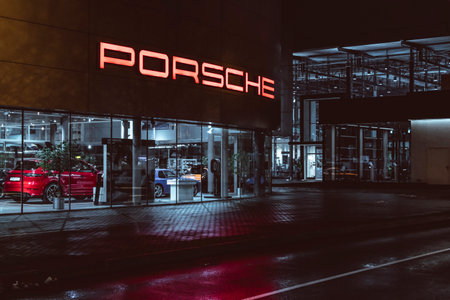 Saint-Petersburg,Pulkovo,Russia-18.11.2020 Porsche car dealer luxury showroom global company cayenne nightのeditorial素材