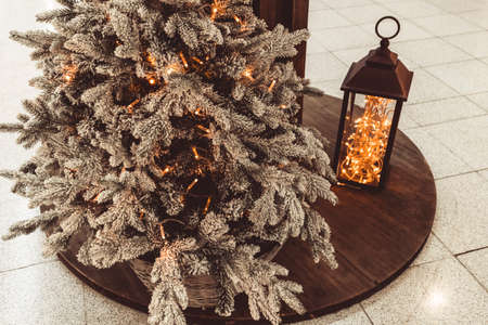 New Year's decorations in the shopping center christmas tree illumination balls saleの写真素材