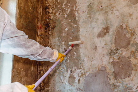 painter worker paints walls with roller primer finishing work protective suit