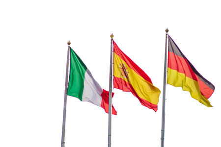 German Spanish Italian flag isolated white background. politics europe forum