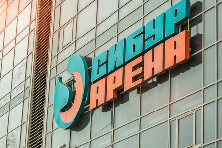 sibur arena sport stadium building facade glass exterior. Russia, Saint-Petersburg, 9apr2021.のeditorial素材
