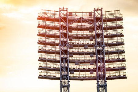 Football stadium spotlight. Weather on match game day announcement meteorology