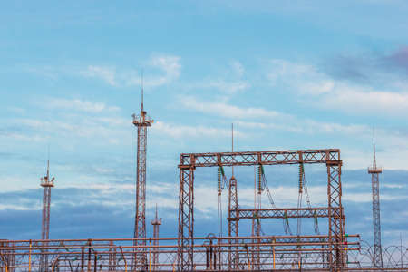 power station lines lightning rods clouds atmosphere in a thunder.の写真素材
