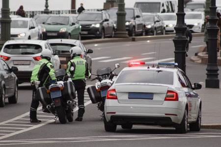 Moto Police Battalion Traffic transport Russia, Saint-Petersburg.concept news traffic jam control