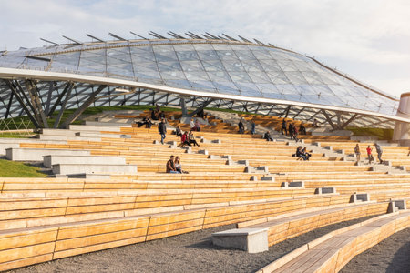 amphitheater park zaryadye people resting in city center .concept Moscow rest park .Russia, Moscow,...