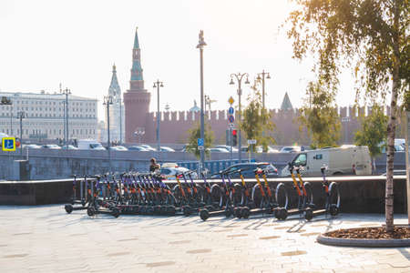 scootering rent parking kickshering Moscow center transport safety.Russia, Moscow, 13okt2021.のeditorial素材