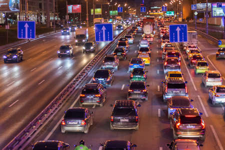 traffic jams Moscow third transport ring night lights.Russia, Moscow, 13okt2021.のeditorial素材