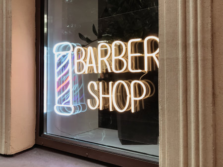 Barber Shop Showcase Hairdresser Neon Sign, Customer Attraction, Color Luminous, Shines For People Haircuts in the Hairdresser Window.の写真素材