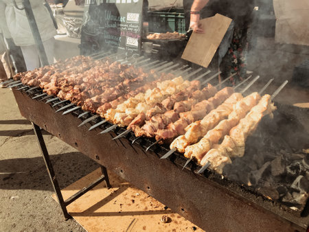 chicken kebabs, lamb, beef on skewers, on the grill, smoky coals, fry meat, blow for high temperature. Concept BBQ Caucasian cuisineの写真素材