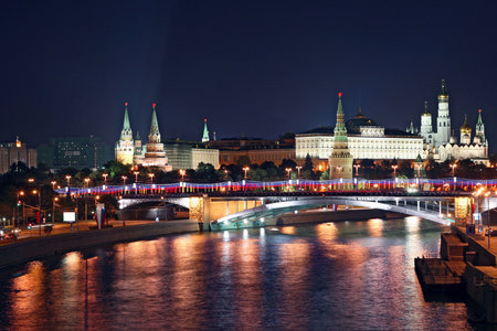 City landscape. The Kremlin is reflected in the river. Night.の写真素材