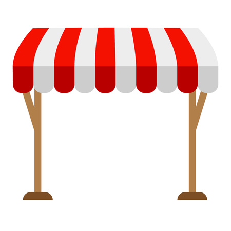 Awning isolated on a white background on the racks. Striped red and white sunshade for shops, cafes and street restaurants. Outside canopy from the sun. Vector element for your designs.のイラスト素材