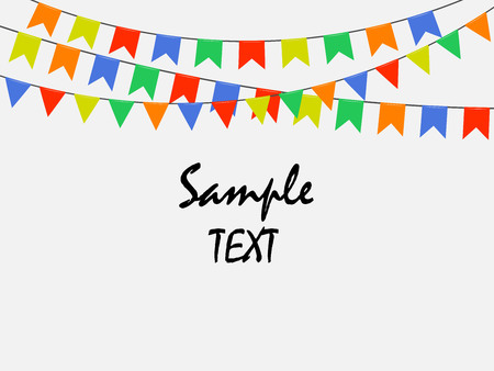Festive multicolored bright flags, garlands of Bunting isolated on white background. Sample text. Vector illustration. Eps 10.のイラスト素材