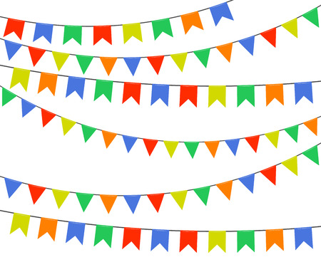 Festive multicolored bright flags, garlands of bunting isolated on white background. Vector illustration. Eps 10.のイラスト素材