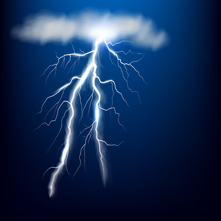 Lightning discharge on blue background with a cloud. Special vector effect. Eps 10.のイラスト素材