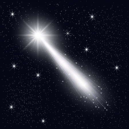 Vector illustration of a starry sky with a bright glowing star. Flash in the sky. Vector...