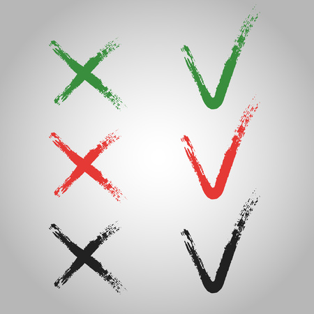 Cross and tick, vector set of executed brushes, on white background. Flat style, the consent or refusal V X. Eps 10.のイラスト素材