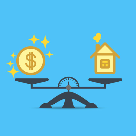 A dollar coin and a house on the scales. Money and house scales icon. Real estate, rent, expenses, liabilities and mortgage concept. Money and balance at home on the scale of the concept. Estate sale. Vector isolated sign. Eps.のイラスト素材