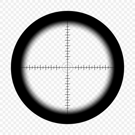 Sniper scope with measurement marks on an isolated transparent background. View through the sight of a hunter rifle. Optical vector sight template. eps.のイラスト素材