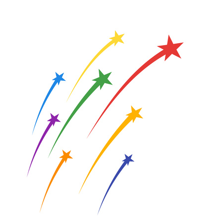 Colored soaring Fireworks, Stars elegant curly plumes. Festive salute celebrations. Vector elements isolated on light background. Eps.のイラスト素材