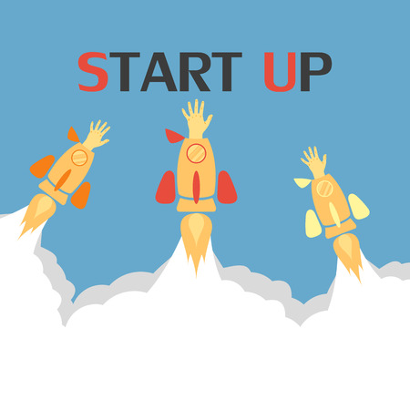 Flat concept background with rocket. Hand reaching for success. Startup business project. The rocket flies across the sky, above the clouds, launching a new business. Vector illustration with space for text.のイラスト素材