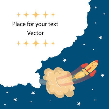 Flat concept background with rocket. Project launch-launch. The rocket flies through the sky, launching a new business. Vector illustration with space for text. Eps.のイラスト素材