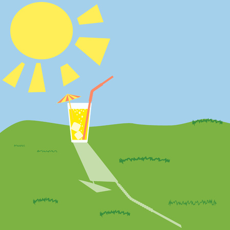 Summer time. A glass of lemonade cocktail, juice, soda with straw on the grass. The concept of outdoor recreation, green grass. Vector illustration. Eps.のイラスト素材