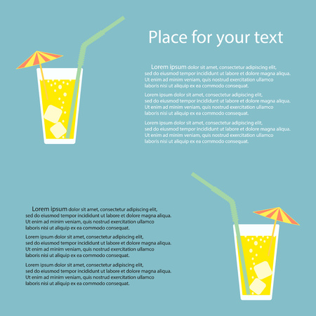 A glass of lemonade, a soda with ice and a cocktail umbrella. Lemon juice. A glass of lemon cocktail with a straw. Vector illustration on isolated background with space for your text. Eps.のイラスト素材