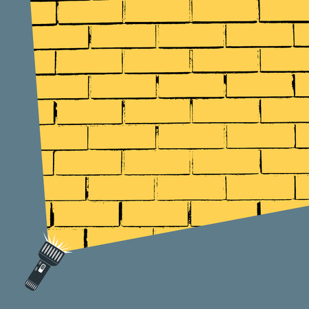 Flat vector design of hand flashlight and projection round, yellow light beam on on brick wall. Illustration for your design. Eps.のイラスト素材