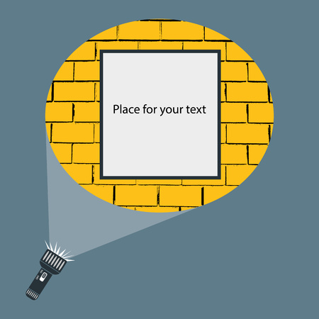 Flat vector design of hand flashlight and projection round light beam on frame or sign for ads hanging on brick wall. Illustration with space for your text. Eps.のイラスト素材