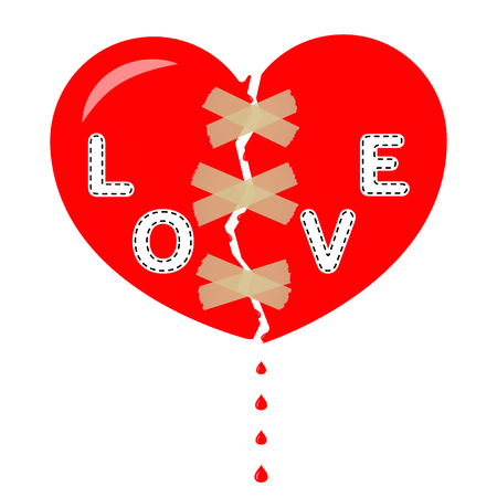 Red broken heart with the inscription love, taped, sticky tape. Drop of blood. Vector illustration isolated on light background. Eps.のイラスト素材