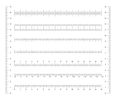 Set measuring scales for school ruler. Different variations of metric measurement readings in centimeters. Vector design elements on isolated background. Eps.のイラスト素材