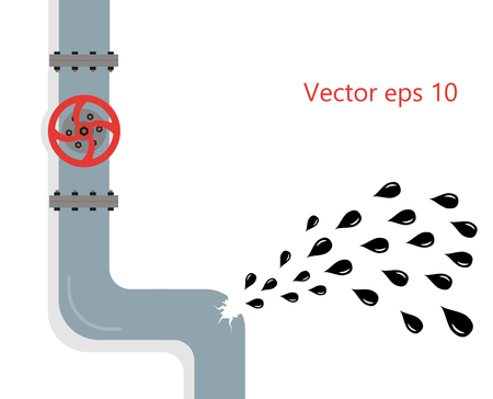 Oil leak from the pipeline, rupture, crack in plumbing. Vector flat style. Eps.のイラスト素材