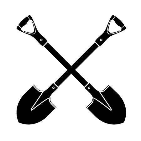 Shovel, spade, silhouette icon on isolated white background. Garden equipment. Spring, summer work. Farm tools for digging holes. Vector flat design. Eps.のイラスト素材