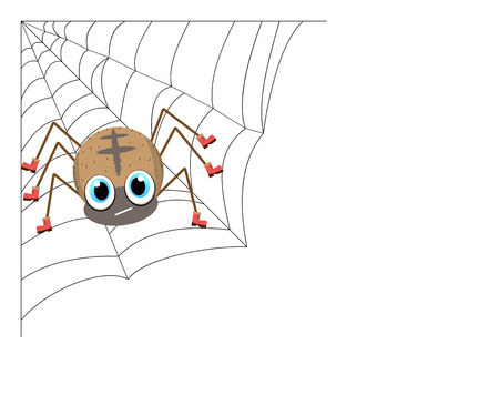 Funny cartoon spider in shoes crawling on a spider web. Vector element isolated on light background. Eps.のイラスト素材