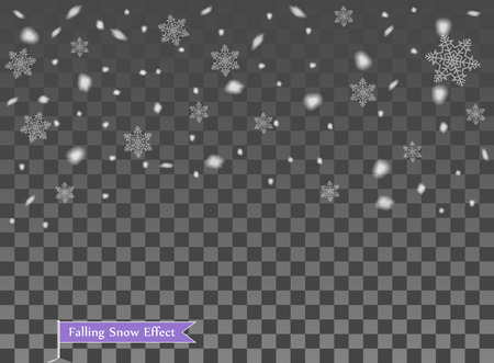 Falling snow, random elements. New year, Christmas decor overlay. Vector illustration on isolated transparent background. Eps.のイラスト素材