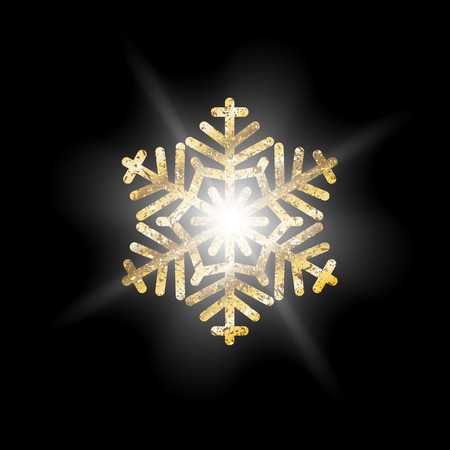 Gold snowflake. Abstract Luminous with a dazzling sheen of light. Winter, New year's Christmas pattern. Vector decorative element on black isolated background. Eps.のイラスト素材