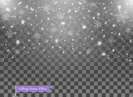 Falling snow, random elements. New year, Christmas decor overlay. Vector illustration on isolated transparent background. Eps.のイラスト素材