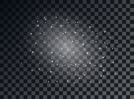 Starry glittering dust elements. Glowing light particles. Christmas abstract glitter decoration. Vector element isolated on a transparent background.のイラスト素材