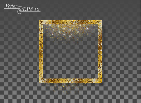 Golden abstract square with falling sparkling dust on transparent isolated background. Vector frame for new year, Christmas. Decorative element with the possibility of overlay. Eps.のイラスト素材