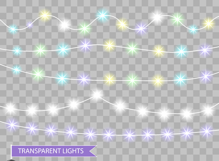 Color Christmas lights. Festive New Year party decorative isolated ribbons. Christmas glowing garland. Vector illustration.のイラスト素材