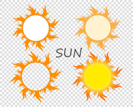 Selection of suns with tongues of flame. Vector design elements on isolated transparent background.のイラスト素材