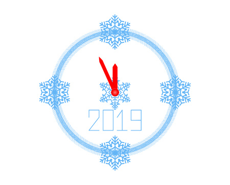New year 2019 clock with red arrows and blue snowflakes. Vector element for Christmas design, pattern. Isolated white background. Eps.のイラスト素材