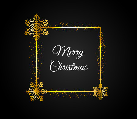Golden rectangular frame with falling shiny dust and Golden snowflakes. Square with the inscription, merry Christmas. Banner with light effect on isolated dark background. Christmas illustration.のイラスト素材