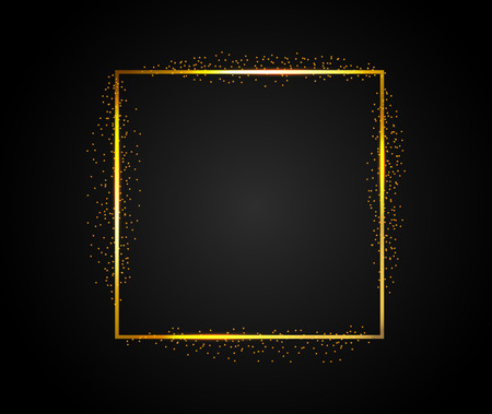 Golden rectangular frame with falling shiny dust. Square, banner with light effect on isolated dark background. Vector illustration. Eps.のイラスト素材
