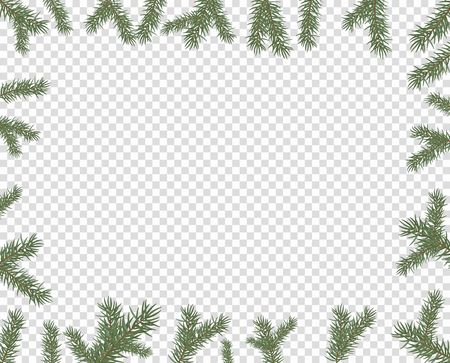 Vector illustration of a frame of fir branches. New year, merry Christmas spruce conifer decor, border pattern on isolated transparent background. Eps.のイラスト素材