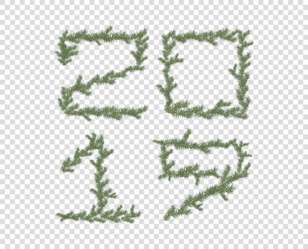 Figures decorative 2019 of coniferous fir branches, pattern for Christmas and new year. Vector design element isolated on a transparent background. Eps.のイラスト素材